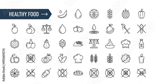 Collection of linear icons representing healthy food and lifestyle choices