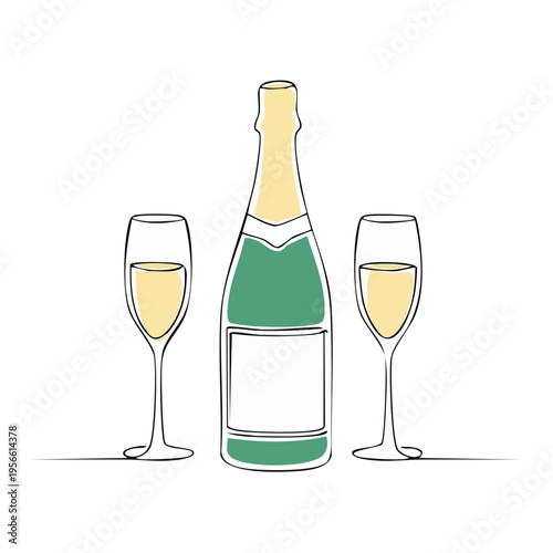 Minimalist continuous line art of a champagne bottle and two flutes filled with bubbly liquid.