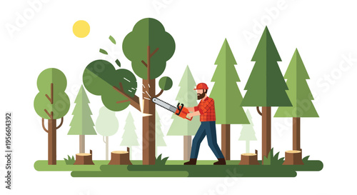 A lumberjack fells a tree with a chainsaw amidst a forest scene showcasing a flat design silhouette high quality professional detailed