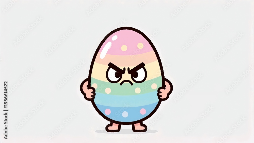 Fototapeta premium Cute Easter Egg Angry Character, Kawaii Emotional Face, Funny Cartoon Illustration