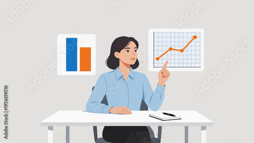 Woman presenting data charts at desk