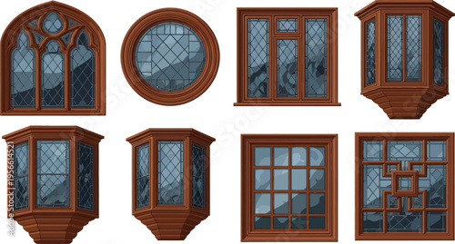 Diverse collection of vintage wooden windows featuring various architectural styles and intricate leaded glass designs suitable for historical illustrations or architectural concepts