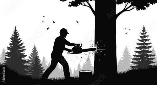 A lumberjack vigorously cuts down a large tree with a chainsaw depicted in a striking black silhouette high quality professional detailed