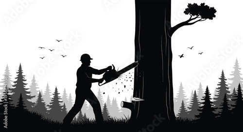 A lumberjack uses a chainsaw to fell a large tree in a forest setting depicted as a silhouette high quality professional