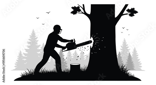 A lumberjack uses a chainsaw to fell a tree depicted in a striking black and white silhouette high quality professional detailed