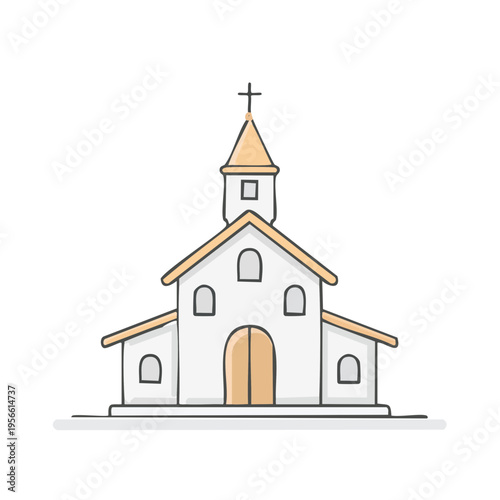 Simple hand drawn church building with a steeple and cross