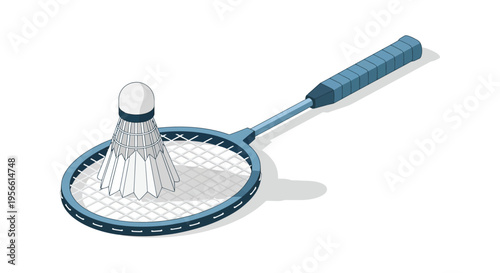 An isometric view of a badminton shuttlecock resting on a racket displaying a minimalist silhouette high quality professional detailed modern elegant