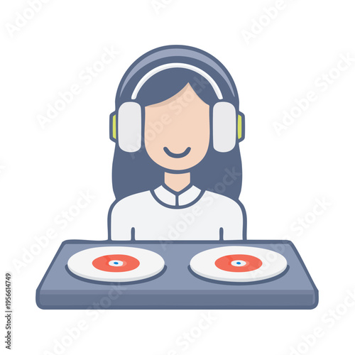 Cartoon Person Wearing Headphones and DJing with Turntables and Records