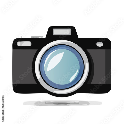 Modern digital camera with large lens and flash against a neutral background