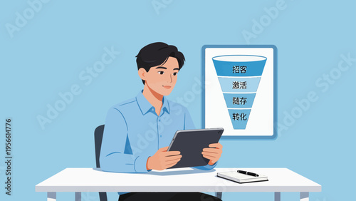 Man using tablet near sales funnel chart
