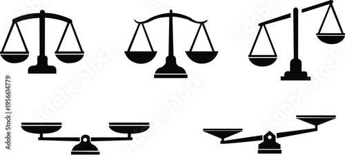 Scales of justice icon set. Law and legal symbol fivecourt or lawer, Libra zodiaic sign. Black vector illustration showing balance and imbalance. Equality and decision concept