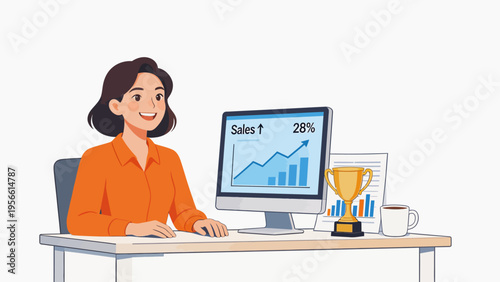 Businesswoman at desk with sales chart