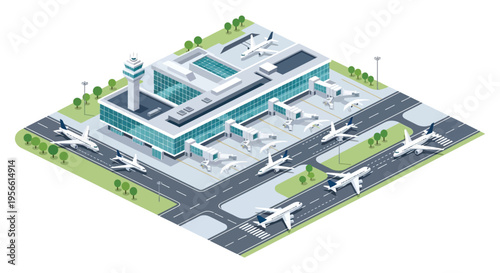 Isometric illustration of a bustling airport terminal with multiple airplanes and a control tower a cutaway silhouette high quality professional detailed