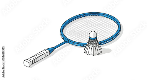 A colorful illustration depicts a badminton racket and shuttlecock showcasing simple design and clean lines silhouette high quality professional detailed modern