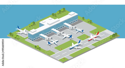 Isometric illustration of a modern airport terminal with several airplanes runways and surrounding landscaping silhouette high quality professional detailed elegant stylish
