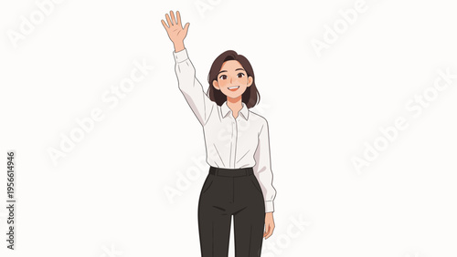 Cartoon woman waving in white shirt and black pants