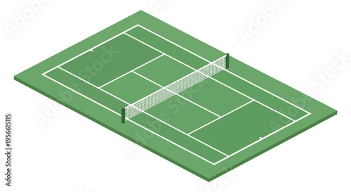 An isometric view depicts a green tennis court with white lines and net creating a minimalist silhouette high quality professional detailed