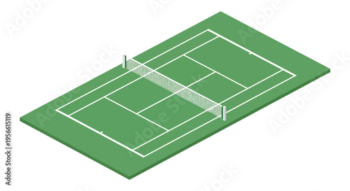 An isometric view of a green tennis court with white lines and net presented as a striking silhouette high quality professional