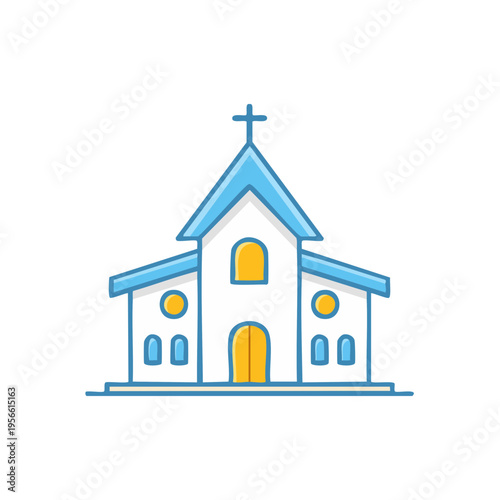 Simple cartoon drawing of a church building with a cross on top and blue roof