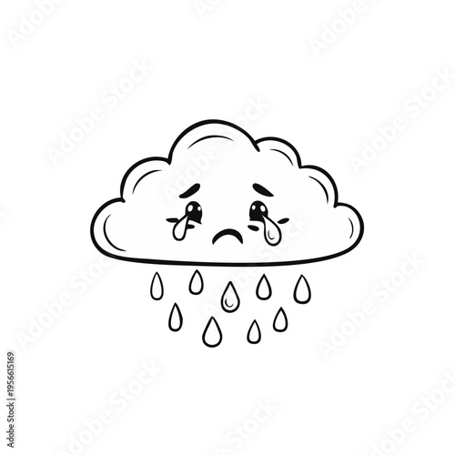 Sad cartoon cloud crying raindrops with happy eyes and a frowning mouth