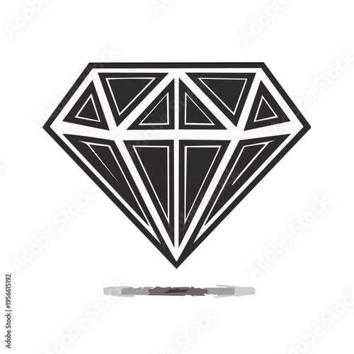 Bold black faceted diamond icon symbolizing luxury and precious value with a shadow