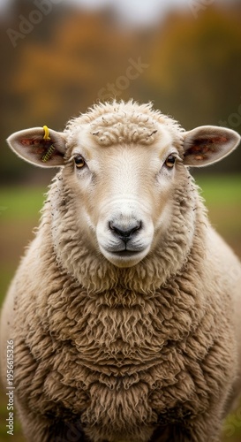 Close-up portrait of a fluffy sheep with a yellow ear tag gazing forward outdoors during daytime in a field