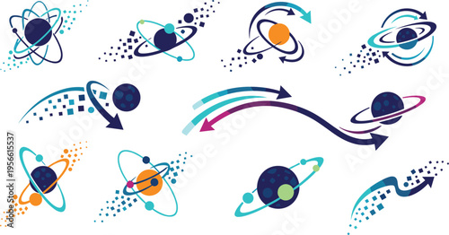 Collection of stylized atomic and planetary motion graphics