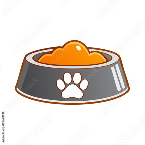 Graphic representation of a pet food bowl filled with orange kibble and featuring a paw print icon