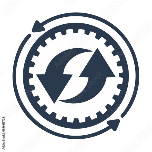 Circular recycling arrows inside a gear with rotation motion and cycle symbol