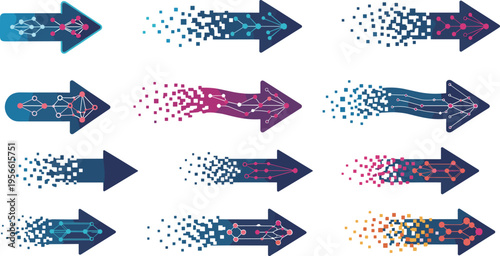 Arrow icons with network connections and particle effects