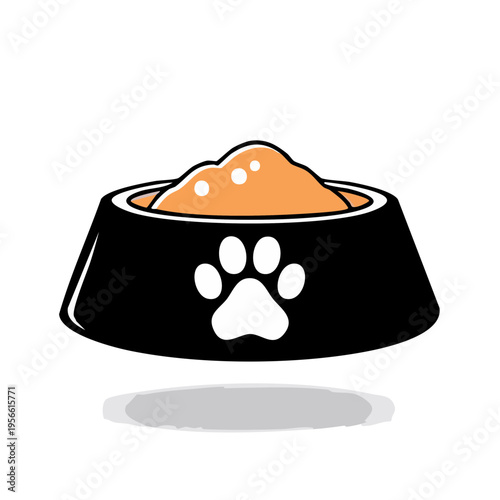 Cartoon black pet food bowl overflowing with kibble and a paw print symbol