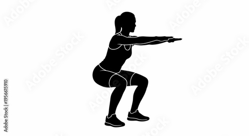 Black silhouette of a fit woman performing deep squats isolated on white background for fitness and strength training concepts