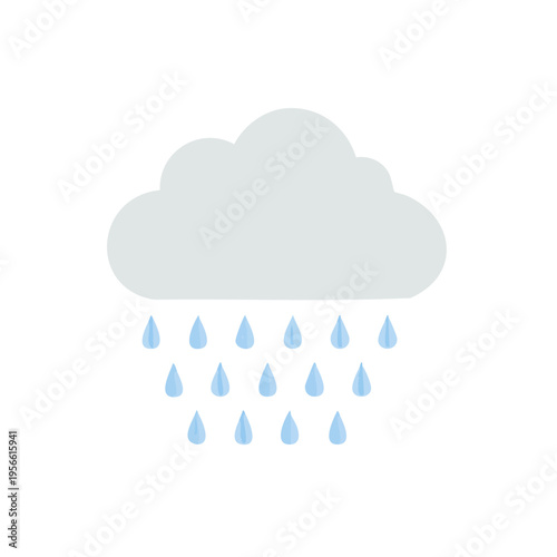 Grey cloud releasing blue teardrop shaped rain in a simple illustration style