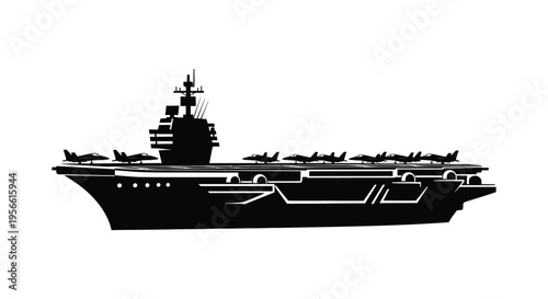 A striking black silhouette depicts a modern aircraft carrier with planes showcasing naval power and design silhouette high quality professional detailed