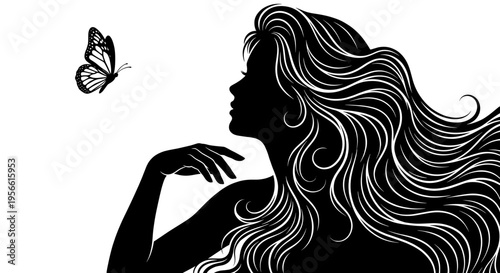 Elegant silhouette of a beautiful woman with long flowing hair looking at a butterfly for beauty and nature concepts