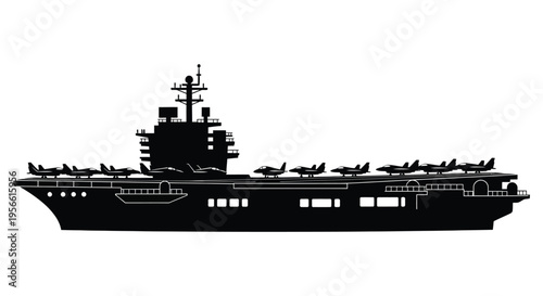 A striking black silhouette of a modern aircraft carrier with fighter jets displaying naval power and technological advancement silhouette high quality