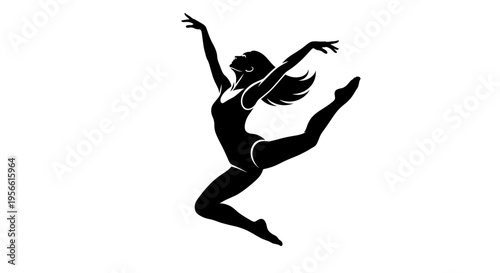 Graceful black silhouette of a female dancer jumping in mid air isolated on white background for ballet and fitness concepts