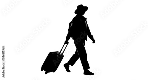 Black silhouette of a female traveler walking with a suitcase and wearing a hat isolated on white background for travel and vacation concepts