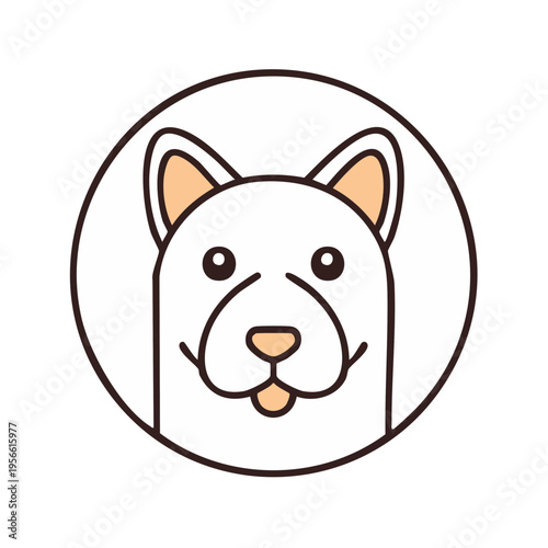 Simple illustration of a cute dog's face in a circle, featuring expressive eyes and a pink tongue