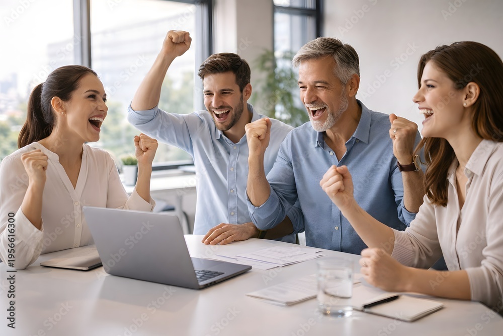 Fototapeta premium Four enthusiastic business professionals, two men and two women, joyfully celebrate a significant achievement or successful deal around a laptop in a bright modern office.
