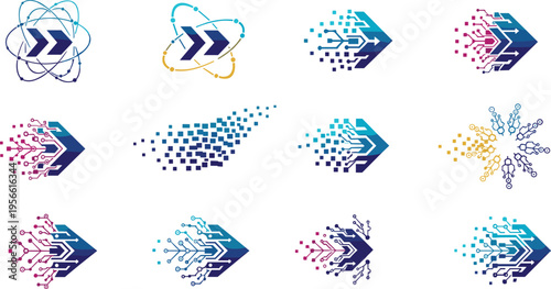 Collection of modern arrow icons with circuit and atomic designs