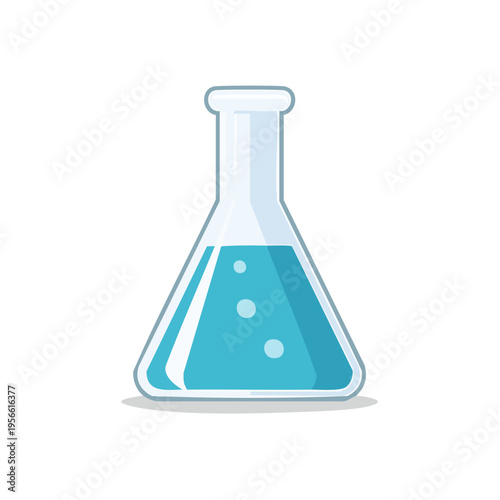 Glass laboratory flask with blue liquid and bubbles