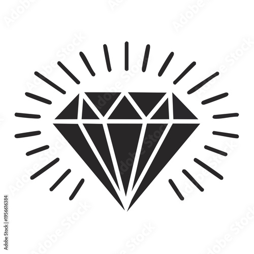 Black diamond illustration with radiating light lines symbolizing brilliance and luxury