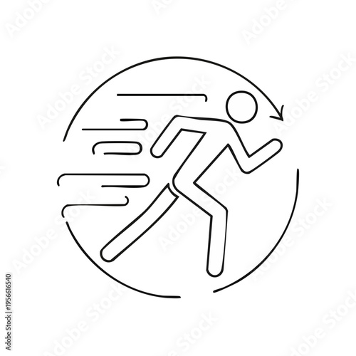 Line Art Icon of a Runner in Motion with Speed Lines and Circular Arrow
