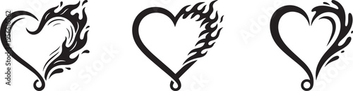 Burning Heart Icons Set in Black Line Art Tattoo Style