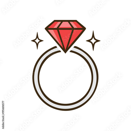 Sparkling Diamond Engagement Ring Symbol with Red Gemstone and Stars