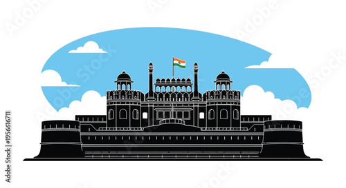 A detailed black silhouette of the red fort in delhi india against a bright blue sky with clouds silhouette high quality