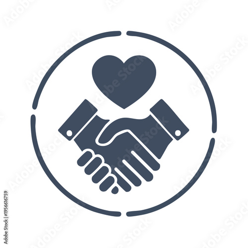 Heart and handshake symbol representing kindness, support and partnership within a circle