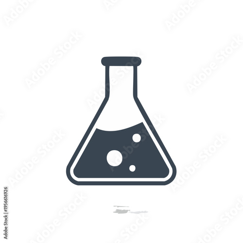 Simple graphic illustration of a dark blue laboratory flask filled with liquid and bubbles