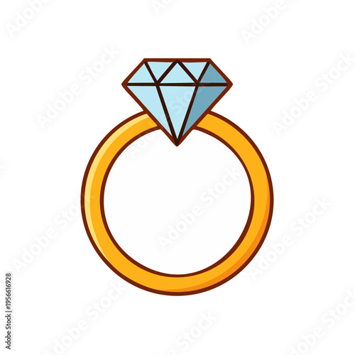 Simple diamond ring illustration with golden band and clear blue gemstone